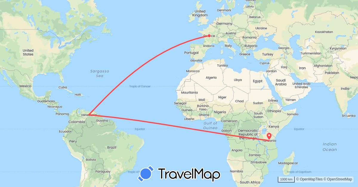 TravelMap itinerary: driving, hiking in France, Tanzania, Venezuela (Africa, Europe, South America)